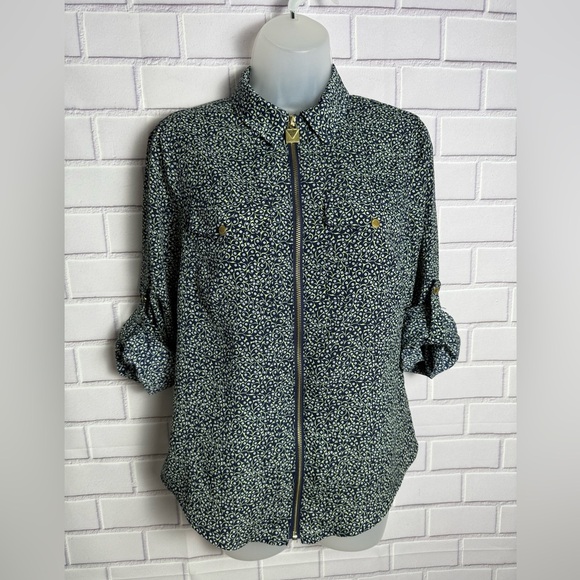 Michael Kors Navy and Green Floral Blouse with front zipper closure /size S - Picture 3 of 11
